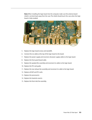 Page 120
Power Mac G5 Take Apart 125

Note: When installing the logic board into the computer, make sure the antenna board 
shield is not bent back away from the case. The shield should touch the case when the logic 
board is fully installed.
Replace the logic board screws and standoffs.
Connect the six cables at the top of the logic board to the board.
Replace the power supply and reconnect all power supply cables to the logic board.
Replace the front panel board cable.
Replace the speaker/fan assembly and...