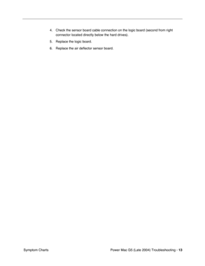 Page 104
 
Power Mac G5 (Late 2004) Troubleshooting -   
13
 
 Symptom Charts 4. Check the sensor board cable connection on the logic board (second from right 
connector located directly below the hard drives).
5. Replace the logic board.
6. Replace the air de ﬂector sensor board. 