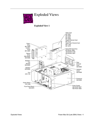 Page 106
Power Mac G5 (Late 2004) Views - 1
 Exploded Views
Exploded Views
Exploded View 1
Video Card
661-2921
661-3230
661-3231
661-3332
Gigabit Ethernet Card
661-3172
Apple Fiber Channel Card
661-1763
661-3375
Serial ATA Hard Drive
80 GB 661-3268
160 GB 661-3136
250 GB 661-3261
Super 
Drive
661-3265 Combo  Drive
661-3264
Optical Drive
EMI Shield 922-6036
Power Supply
350 W 661-3337
450 W 661-2903      Rear 
Exhaust
Fans
922-6566
Heatsink
Cover
922-6498
Enclosure
922-6463
Speaker
922-6639 Speaker/
Fan
Bracket...