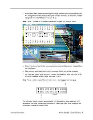 Page 98
 

Power Mac G5 Troubleshooting - 
 
7
 
 General Information4. Remove the black plastic cap covering the 24-pin power supply cable connector (the 
P1 or largest connector). The cap  ﬁts tightly over the connector. To remove it, rock the 
cap gently forward and backward as you lift up.
 
Note:
 
 This is a top view of the connector when it is plugged into the logic board
5. Press the release latch on the power supply connector and disconnect the cable from  the logic board.
6. Plug a known good power...