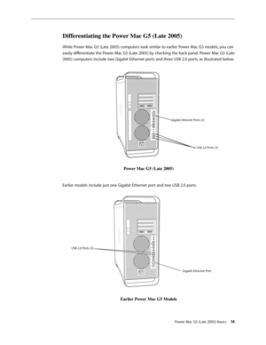 Page 14
Power Mac G5 (Late 2005) Basics 14
Differentiating the Power Mac G5 (Late 2005)
While Power Mac G5 (Late 2005) computers look similar to earlier Power Mac G5 models, you can 
easily differentiate the Power Mac G5 (Late 2005) by checking the back panel. Power Mac G5 (Late 
2005) computers include two Gigabit Ethernet ports and three USB 2.0 ports, as illustrated below. 
Gigabit Ethernet Ports (2)
USB 2.0 Ports (3)
Power Mac G5 (Late 2005)
Earlier models include just one Gigabit Ethernet port and two USB...