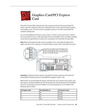 Page 44
Power Mac G5 (Late 2005) Take Apart — Graphics Card/PCI Express Card 44
Graphics Card/PCI Express 
Card
Power Mac G5 (Late 2005) computers have four expansion card slots that accommodate PCI 
Express cards. The computers come with a high-performance 16-lane (16x) PCI Express graphics 
card installed in slot 1. The card contains the graphics processor unit (GPU) and provides the 
computers’ display ports. 
You can install additional PCI Express cards in slots 2–4. Install a second card in slot 3, a third...