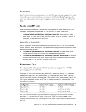 Page 10
Power Mac G5 (Late 2005) Repair Extension Program for Power Supply Issues 10
Latin America
Latin American service providers should order parts for this repair extension program in the usual 
manner. Service providers submitting a warranty claim should select “Quality Programs” as the 
claim type and ensure the defective power supply’s serial number is entered in the Defective SN 
field. 
Special CompTIA Code
Apple has created the following CompTIA code to use for repair on Power Mac G5 (Late 2005)...