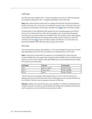 Page 168
174 Power Mac G5 Troubleshooting

AGP Cards
The AGP video card, installed in slot 1, contains the graphics processor unit (GPU) and provides 
the computer’s display ports. Slot 1 is designed specifically to accept AGP cards.
Note: When certain high-end video cards are installed in the AGP slot, they block the adjacent 
PCI/PCI-X slot (slot 2). As a result, you can install PCI/PCI-X cards in slots 3 and 4 but not in slot 2. 
For specific card information, see the video card table in the “Video” topic in...