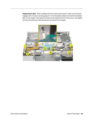 Page 67Xserve Take Apart - 65
 Drive Interconnect BoardReplacement Note:  When installing the drive interconnect board, make sure the board 
engages with  the two mounting pegs (#1 in the illustration below) and the three brackets 
(#2) on the chassis. Then press the board Þrmly toward the front of the server, and tighten 
the three thumbscrews (#3) that secure the board to the chassis. 