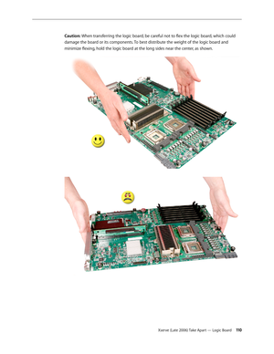 Page 110Xserve (Late 2006) Take Apart — Logic Board 11 0
Caution: When transferring the logic board, be careful not to flex the logic board, which could 
damage the board or its components. To best distribute the weight of the logic board and 
minimize flexing, hold the logic board at the long sides near the center, as shown. 