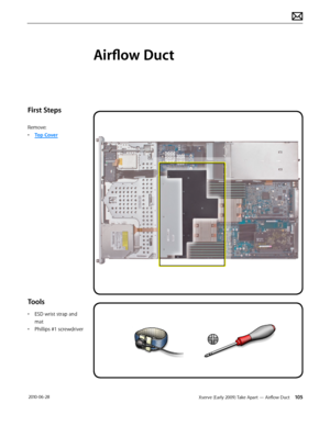 Page 105Xserve (Early 2009) Take Apart — Airflow Duct 105 2010-06-28
First Steps
Remove:
• Top Cover
Tools
• ESD wrist strap and 
mat
• Phillips #1 screwdriver
Airflow Duct  