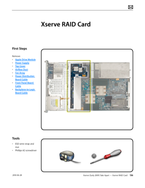 Page 136Xserve (Early 2009) Take Apart — Xserve RAID Card 136 2010-06-28
First Steps
Remove:
• Apple Drive Module
• Power Supply
• Top Cover
• Airflow Duct
• Fan Array
• Power Distribution 
Board Cable
• Front Panel Board 
Cable
• Backplane-to-Logic 
Board Cable
Tools
• ESD wrist strap and 
mat
• Phillips #2 screwdriver
Xserve RAID Card  