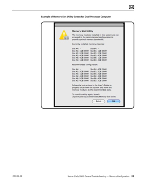 Page 20Xserve (Early 2009) General Troubleshooting — Memory Configuration 20 2010-06-28
Example of Memory Slot Utility Screen for Dual-Processor Computer  