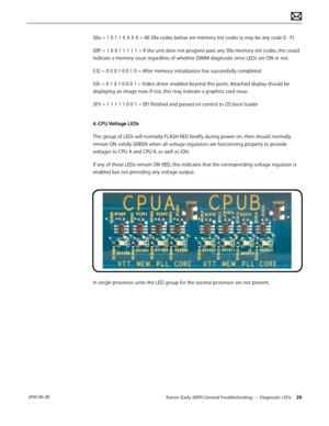 Page 26Xserve (Early 2009) General Troubleshooting — Diagnostic LEDs 26 2010-06-28
$Bx = 1 0 1 1 X X X X = All $Bx codes below are memory init codes (x may be any code 0 - F)
$BF = 1 0 0 1 1 1 1 1 = If the unit does not progress past any $Bx memory init codes, this could 
indicate a memory issue regardless of whether DIMM diagnostic error LEDs are ON or not.
$12 = 0 0 0 1 0 0 1 0 = After memory initialization has successfully completed
$51 = 0 1 0 1 0 0 0 1 = Video driver enabled beyond this point. Attached...