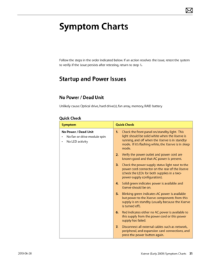 Page 31Xserve (Early 2009) Symptom Charts 31 2010-06-28
Symptom Charts
Follow the steps in the order indicated below. If an action resolves the issue, retest the system 
to verify. If the issue persists after retesting, return to step 1.
Startup and Power Issues
No Power / Dead Unit
Unlikely cause: Optical drive, hard drive(s), fan array, memory, RAID battery
Quick Check
SymptomQuick Check
No Power / Dead Unit
• No fan or drive module spin
• No LED activity
1. Check the front panel on/standby light.  This...