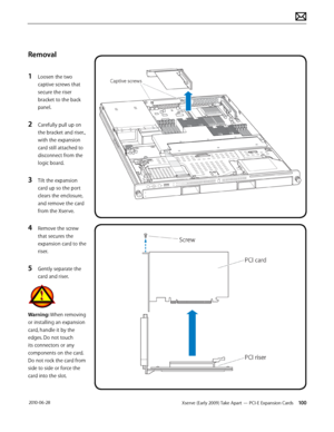Page 100Xserve (Early 2009) Take Apart — PCI-E Expansion Cards 100 2010-06-28
Removal
1 Loosen the two 
captive screws that 
secure the riser 
bracket to the back 
panel.
2 Carefully pull up on 
the bracket and riser., 
with the expansion 
card still attached to 
disconnect from the 
logic board.
3 Tilt the expansion 
card up so the port 
clears the enclosure, 
and remove the card 
from the Xserve.
4 Remove the screw 
that secures the 
expansion card to the 
riser.
5 Gently separate the 
card and riser.
Warning:...