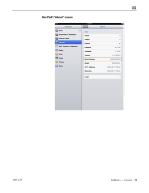Page 13iPad Basics — Overview 13 2010-12-09
On iPad’s “About” screen  