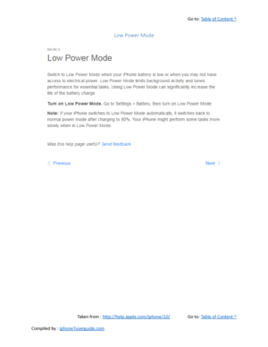 Page 109Go to:  Table of Content ^
Low Power Mode
Taken from :  http://help.apple.com/iphone/10/ Go to:  Table of Content ^
Compiled by :  iphone7userguide.com  