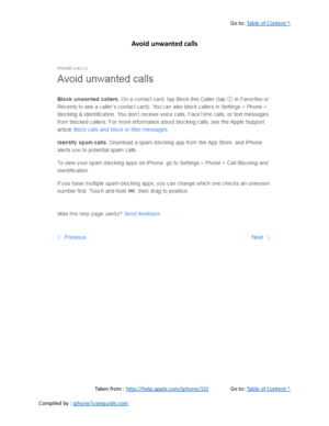 Page 142Go to:  Table of Content ^
Avoid unwanted calls
Taken from :  http://help.apple.com/iphone/10/ Go to:  Table of Content ^
Compiled by :  iphone7userguide.com  