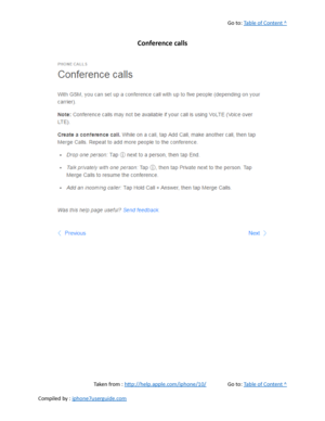 Page 145Go to:  Table of Content ^
Conference calls
Taken from :  http://help.apple.com/iphone/10/ Go to:  Table of Content ^
Compiled by :  iphone7userguide.com  