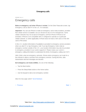 Page 146Go to:  Table of Content ^
Emergency calls
Taken from :  http://help.apple.com/iphone/10/ Go to:  Table of Content ^
Compiled by :  iphone7userguide.com  