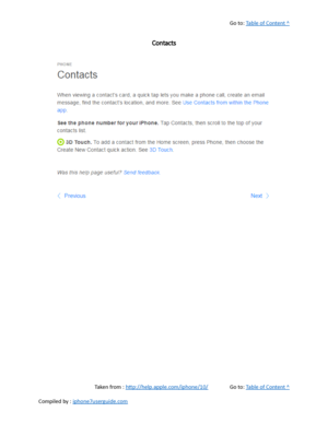 Page 149Go to:  Table of Content ^
Contacts
Taken from :  http://help.apple.com/iphone/10/ Go to:  Table of Content ^
Compiled by :  iphone7userguide.com  