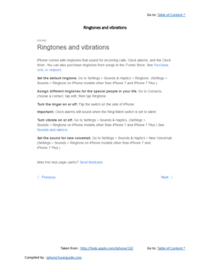 Page 151Go to:  Table of Content ^
Ringtones and vibrations
Taken from :  http://help.apple.com/iphone/10/ Go to:  Table of Content ^
Compiled by :  iphone7userguide.com  