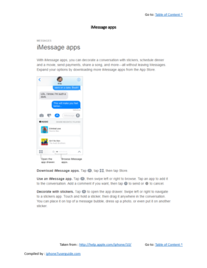 Page 181Go to:  Table of Content ^
iMessage apps
Taken from :  http://help.apple.com/iphone/10/ Go to:  Table of Content ^
Compiled by :  iphone7userguide.com  
