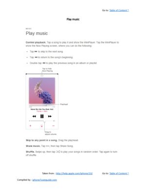 Page 198Go to:  Table of Content ^
Play music
Taken from :  http://help.apple.com/iphone/10/ Go to:  Table of Content ^
Compiled by :  iphone7userguide.com  
