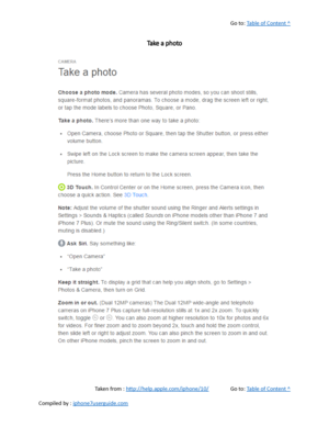 Page 259Go to:  Table of Content ^
Take a photo
Taken from :  http://help.apple.com/iphone/10/ Go to:  Table of Content ^
Compiled by :  iphone7userguide.com  