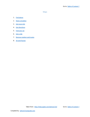 Page 267Go to:  Table of Content ^
Maps
1. Find places
2. Share a location
3. Get more info
4. Get directions
5. Find your car
6. Get a ride
7. Remove markers and routes
8. 3D and Flyover
Taken from :  http://help.apple.com/iphone/10/ Go to:  Table of Content ^
Compiled by :  iphone7userguide.com  