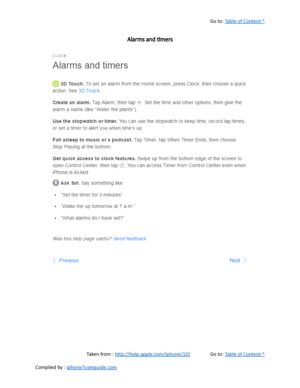 Page 283Go to:  Table of Content ^
Alarms and timers
Taken from :  http://help.apple.com/iphone/10/ Go to:  Table of Content ^
Compiled by :  iphone7userguide.com  