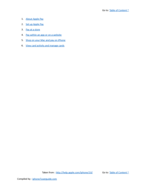 Page 301Go to:  Table of Content ^
1. About Apple Pay
2. Set up Apple Pay
3. Pay at a store
4. Pay within an app or on a website
5. Shop on your Mac and pay on iPhone
6. View card activity and manage cards
Taken from :  http://help.apple.com/iphone/10/ Go to:  Table of Content ^
Compiled by :  iphone7userguide.com  