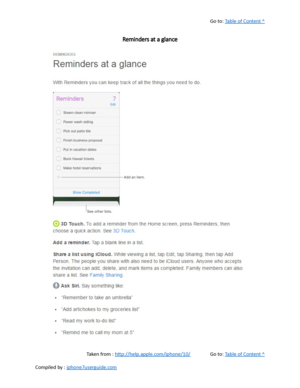 Page 328Go to:  Table of Content ^
Reminders at a glance
Taken from :  http://help.apple.com/iphone/10/ Go to:  Table of Content ^
Compiled by :  iphone7userguide.com  