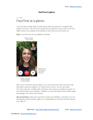 Page 385Go to:  Table of Content ^
FaceTime at a glance
Taken from :  http://help.apple.com/iphone/10/ Go to:  Table of Content ^
Compiled by :  iphone7userguide.com  