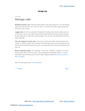 Page 389Go to:  Table of Content ^
Manage calls
Taken from :  http://help.apple.com/iphone/10/ Go to:  Table of Content ^
Compiled by :  iphone7userguide.com  