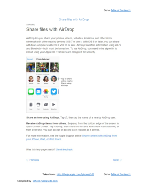 Page 427Go to:  Table of Content ^
Share files with AirDrop
Taken from :  http://help.apple.com/iphone/10/ Go to:  Table of Content ^
Compiled by :  iphone7userguide.com  
