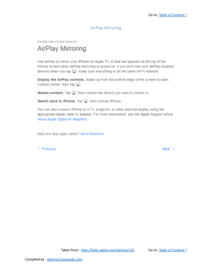 Page 432Go to:  Table of Content ^
AirPlay Mirroring
Taken from :  http://help.apple.com/iphone/10/ Go to:  Table of Content ^
Compiled by :  iphone7userguide.com  