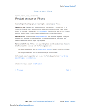 Page 474Go to:  Table of Content ^
Restart an app or iPhone
Taken from :  http://help.apple.com/iphone/10/ Go to:  Table of Content ^
Compiled by :  iphone7userguide.com  