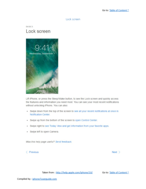 Page 74Go to:  Table of Content ^
Lock screen
Taken from :  http://help.apple.com/iphone/10/ Go to:  Table of Content ^
Compiled by :  iphone7userguide.com  