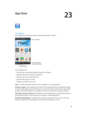 Page 9623
  96
App Store
At a glance
Use the App Store to browse, purchase, and download apps to iPhone.
View a category.
View updates and 
previous purchases.
Browse buttons
Use the App Store to:
 •Find new free or purchased apps by browsing or searching
 •Download previous purchases and updates
 •Redeem a gift card or download code
 •Recommend an app to a friend
 •Manage your App Store account
Note:  You need an Internet connection and an Apple ID to use the App Store.
Purchase an app:  Tap the app’s price...