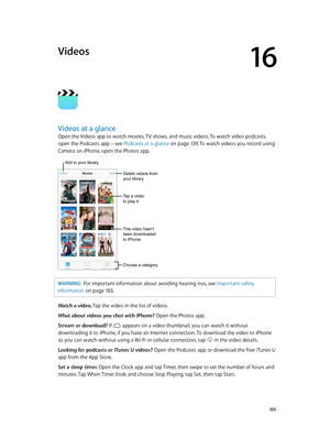 Page 10516
  10 5
Videos
Videos at a glance
Open the Videos app to watch movies, TV shows, and music videos. To watch video podcasts, 
open the Podcasts app—see Podcasts at a glance
 on page 13 9. To watch videos you record using 
Camera on iPhone, open the Photos app.
Choose a category.
Delete videos from 
your library.
Add to your library.
Tap a video 
to play it.
This video hasn’t 
been downloaded 
to iPhone.
WARNING:  For important information about avoiding hearing loss, see Important safety 
information...