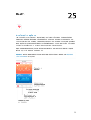 Page 12925
  12 9
Health
Your health at a glance
Use the Health app to keep track of your health and fitness information. Enter data for key 
parameters, or let the Health app collect data from other apps and devices that monitor your 
health and activity. You can even share specific data with selected apps, and through apps with 
some health care providers. And, Health can display important contact and medical information 
on the iPhone Lock screen for someone attending to you in an emergency.
If you have an...