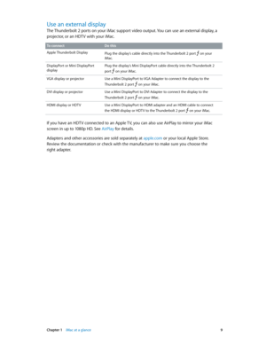 Page 9 Chapter 1    iMac at a glance 9
Use an external display
The Thunderbolt 2 ports on your iMac support video output. You can use an external display, a 
projector, or an HDTV with your iMac.
To connectDo this
Apple Thunderbolt Display
Plug the display’s cable directly into the Thunderbolt 2 port  on your 
iMac.
DisplayPort or Mini DisplayPort 
display
Plug the display’s Mini DisplayPort cable directly into the Thunderbolt 2 
port  on your iMac.
VGA display or projector Use a Mini DisplayPort to VGA...