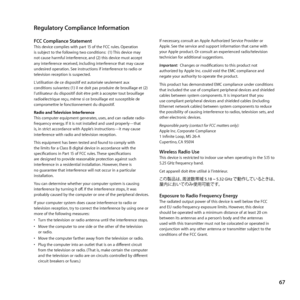 Page 6767
Regulatory Compliance Information
FCC Compliance StatementThis	device	complies	with	part	15	of	the	FCC	rules.	Operation	
is	subject	to	the	following	two	conditions: 		(1)	This	device	may	
not	cause	harmful	interference, 	and	(2)	this	device	must	accept	
any	interference	received, 	including	interference	that	may	cause	
undesired	operation. 	See	instructions	if	interference	to	radio	or	
television	reception	is	suspected.
L‘utilisation	de	ce	dispositif	est	autorisée	seulement	aux	
conditions	suivantes:...