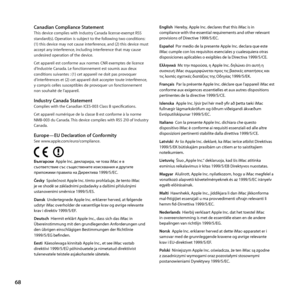 Page 6868
Canadian Compliance StatementThis	device	complies	with	Industry	Canada	license-exempt	RSS	
standard(s).	Operation	is	subject	to	the	following	two	conditions: 	
(1)	this	device	may	not	cause	interference, 	and	(2)	this	device	must	
accept	any	interference, 	including	interference	that	may	cause	
undesired	operation	of	the	device.
Cet	appareil	est	conforme	aux	normes	CNR	exemptes	de	licence	
d’Industrie	Canada. 	Le	fonctionnement	est	soumis	aux	deux	
conditions	suivantes	: 	(1)	cet	appareil	ne	doit	pas...
