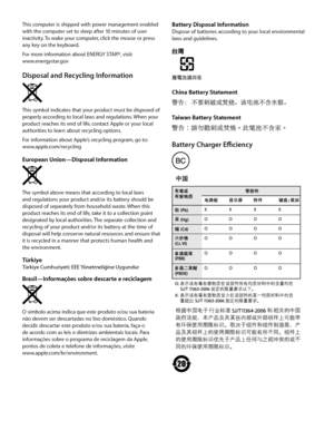 Page 8Battery Disposal InformationDispose of batteries according to your local environmental laws and guidelines.
China Battery Statement
Taiwan Battery Statement
Battery Charger Efficiency
This computer is shipped with power management enabled with the computer set to sleep after 10 minutes of user inactivity. To wake your computer, click the mouse or press any key on the keyboard. For more information about ENERGY STAR®, visit:  www.energystar.gov
Disposal and Recycling Information
This symbol indicates that...