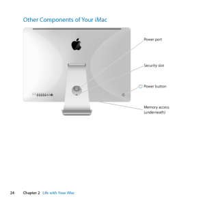 Page 2424Chapter 2      Life with Your iMac
Other Components of Your iMac
®
Power button
Power port®
Memory access
(underneath) Security slot 