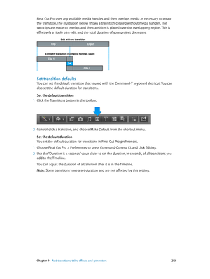 Page 213 Chapter 9    Add transitions, titles, eff ects, and gener ators 213
Final Cut Pro uses any available media handles and then overlaps media as necessary to create 
the transition. The illustration below shows a transition created without media handles. The 
two clips are made to overlap, and the transition is placed over the overlapping region. This is 
effectively a ripple trim edit, and the total duration of your project decreases.
Edit with no transition
Clip 1Clip 2
Clip 1
Clip 2
Edit with transition...