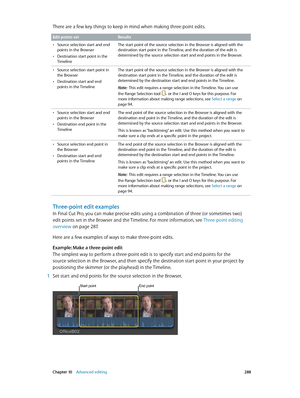Page 288 Chapter 10    Advanced editing 288
There are a few key things to keep in mind when making three-point edits.
Edit points set Results
 •Source selection start and end 
points in the Browser
 •Destination start point in the 
TimelineThe start point of the source selection in the Browser is aligned with the 
destination start point in the Timeline, and the duration of the edit is 
determined by the source selection start and end points in the Browser.
 •Source selection start point in 
the Browser...