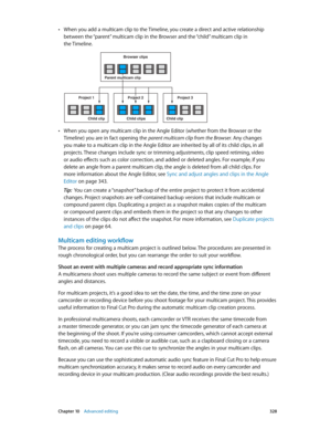 Page 328 Chapter 10    Advanced editing 328
 •When you add a multicam clip to the Timeline, you create a direct and active relationship 
between the “parent” multicam clip in the Browser and the “child” multicam clip in 
the Timeline.
Browser clips
Project 3Project 1
Child clipChild clips Child clip
Project 2
Parent multicam clip
 •When you open any multicam clip in the Angle Editor (whether from the Browser or the 
Timeline) you are in fact opening the parent multicam clip from the Browser. Any changes 
you...
