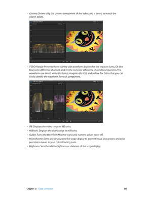 Page 395 Chapter 12    Color correction 395
 •Chroma: Shows only the chroma component of the video, and is tinted to match the 
video’s colors.
 •Y’CbCr Parade: Presents three side-by-side waveform displays for the separate luma, Cb (the 
blue color difference channel), and Cr (the red color difference channel) components. The 
waveforms are tinted white (for luma), magenta (for Cb), and yellow (for Cr) so that you can 
easily identify the waveform for each component.
 •IRE: Displays the video range in IRE...