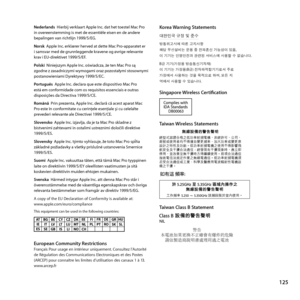 Page 125
Nederlands  Hierbij verklaart Apple Inc. dat het toestel Mac Pro in overeenstemming is met de essentiële eisen en de andere bepalingen van richtlijn 1999/5/EG.Norsk  Apple Inc. erklærer herved at dette Mac Pro-apparatet er i samsvar med de grunnleggende kravene og øvrige relevante krav i EU-direktivet 1999/5/EF. Polski  Niniejszym Apple Inc. oiwiadcza, je ten Mac Pro sk zgodne z zasadniczymi wymogami oraz pozostalymi stosownymi postanowieniami Dyrektywy 1999/5/EC. Português  Apple Inc. declara que...