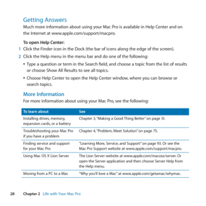 Page 2828Chapter 2      Life with Your Mac Pro
Getting Answers
Much	more	information	about	using	your	Mac	Pro	is	available	in	Help	Center	and	on	
the	Internet	at	www.apple.com/support/macpro.
To open Help Center:
1  Click	the	Finder	icon	in	the	Dock	(the	bar	of	icons	along	the	edge	of	the	screen).
2  Click	the	Help	menu	in	the	menu	bar	and	do	one	of	the	following:
	
ÂType	a	question	or	term	in	the	Search	field, 	and	choose	a	topic	from	the	list	of	results	
or	choose	Show	All	Results	to	see	all	topics.
	
ÂChoose...